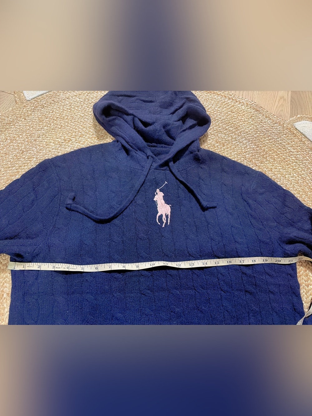 Polo by Ralph Lauren Navy Cable-Knit Hoodie with Pink Pony Logo - Picture 2 of 3
